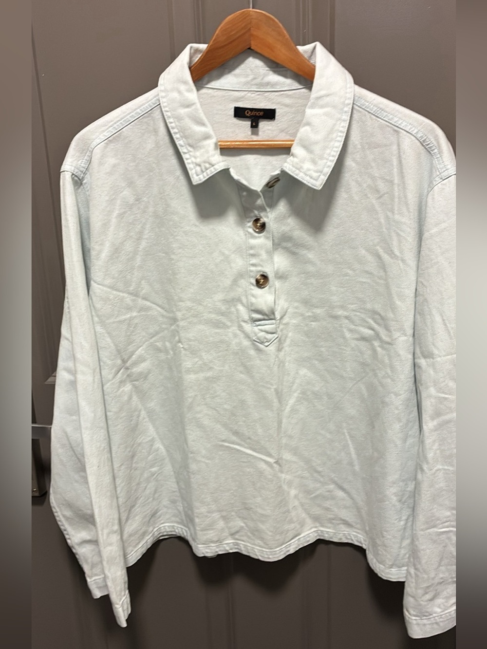 Quince Women's Long-Sleeve Popover Distressed Denim Shirt in Light Mint